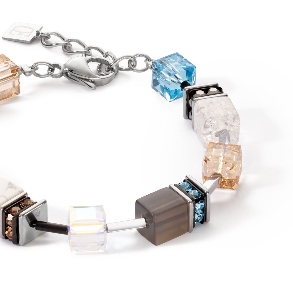 Blauwe en beige Coeur de Lion Geocube Stament Precious armband 4505/30-2010 met agaat, rookkwarts en howliet