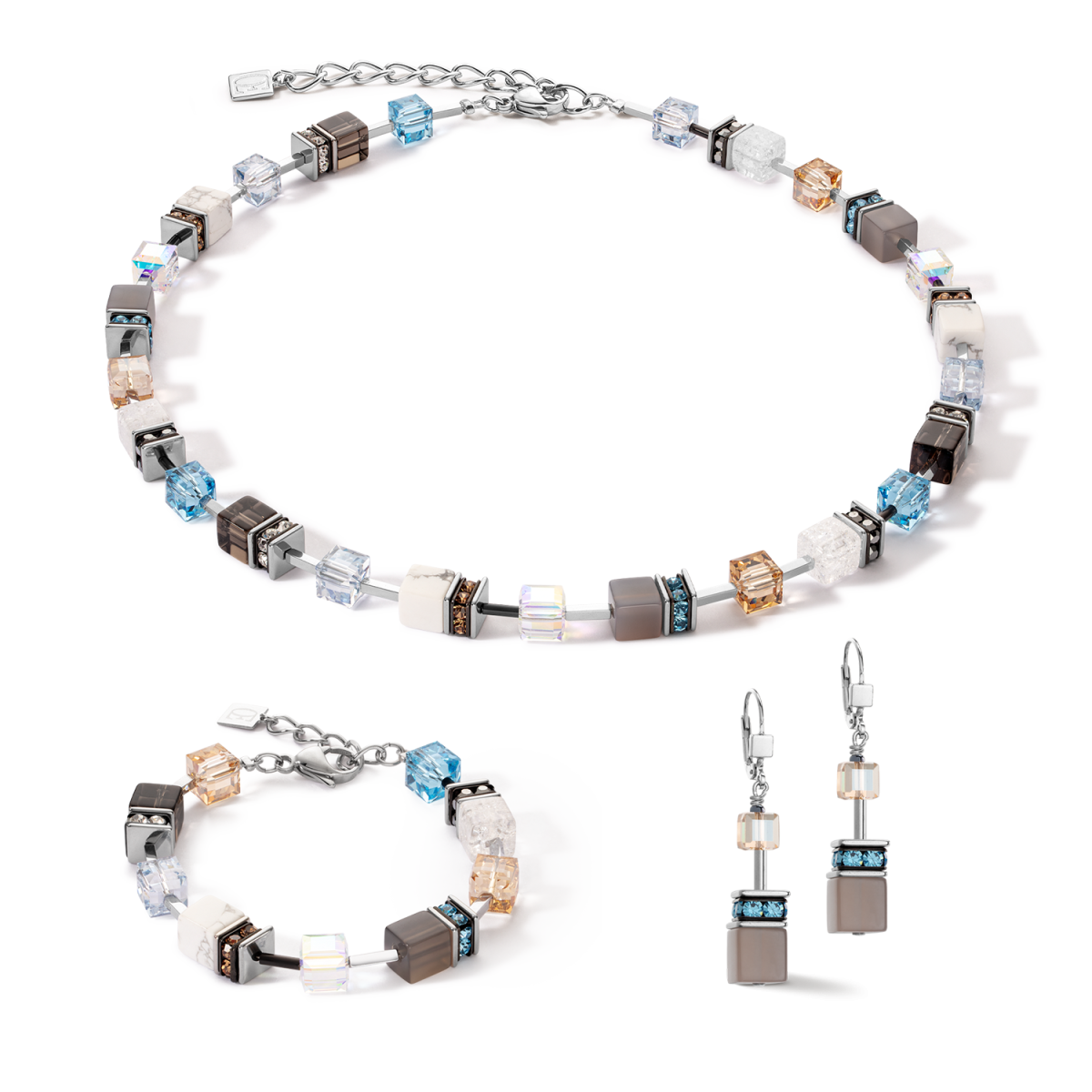 Blauwe en beige Coeur de Lion Geocube Stament Precious armband 4505/30-2010 met agaat, rookkwarts en howliet