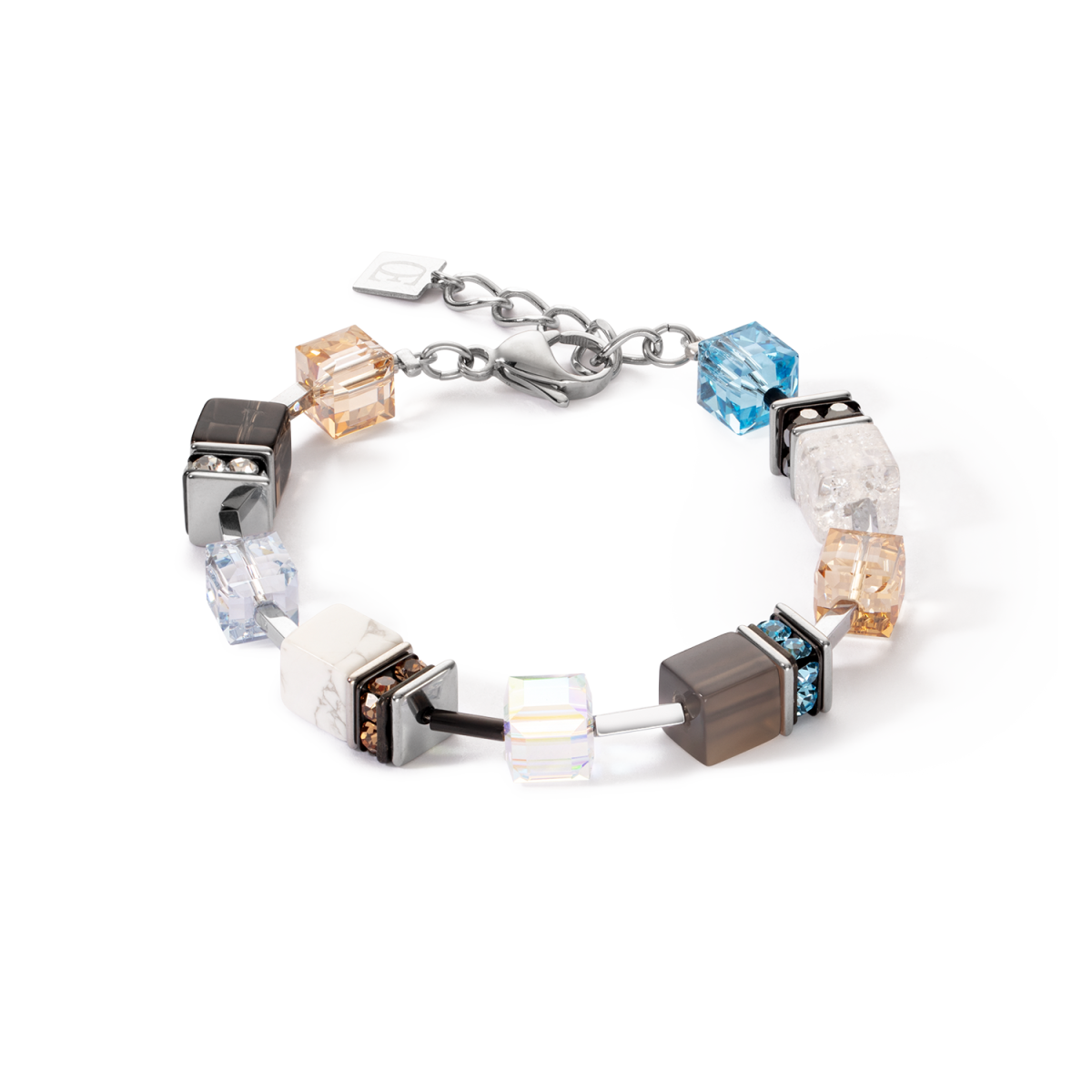 Blauwe en beige Coeur de Lion Geocube Stament Precious armband 4505/30-2010 met agaat, rookkwarts en howliet