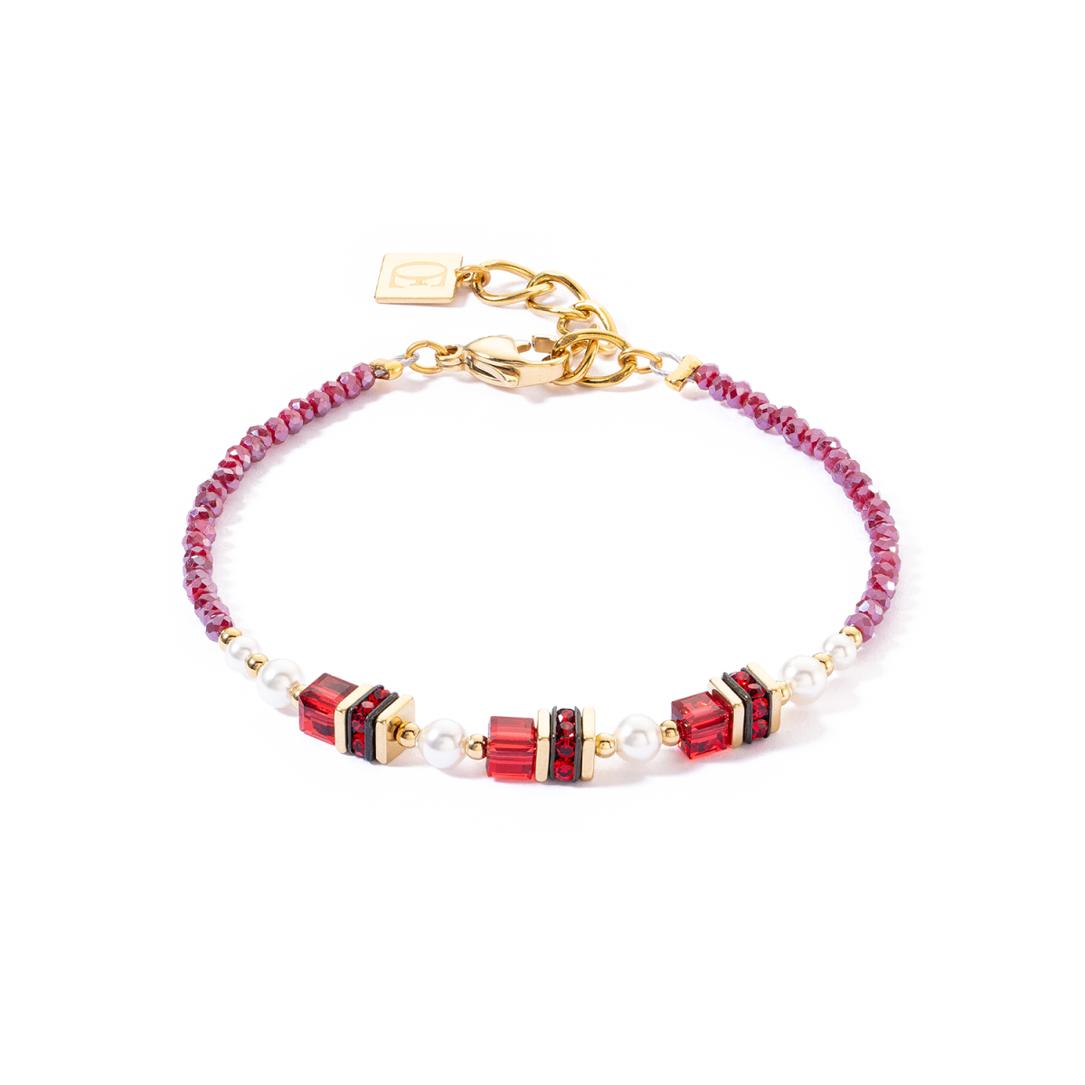 Coeur de Lion armband Sparkling Princess 4567/30-0300 goudkleurig met rood, roze en parels - Lengte 18 - 21 cm