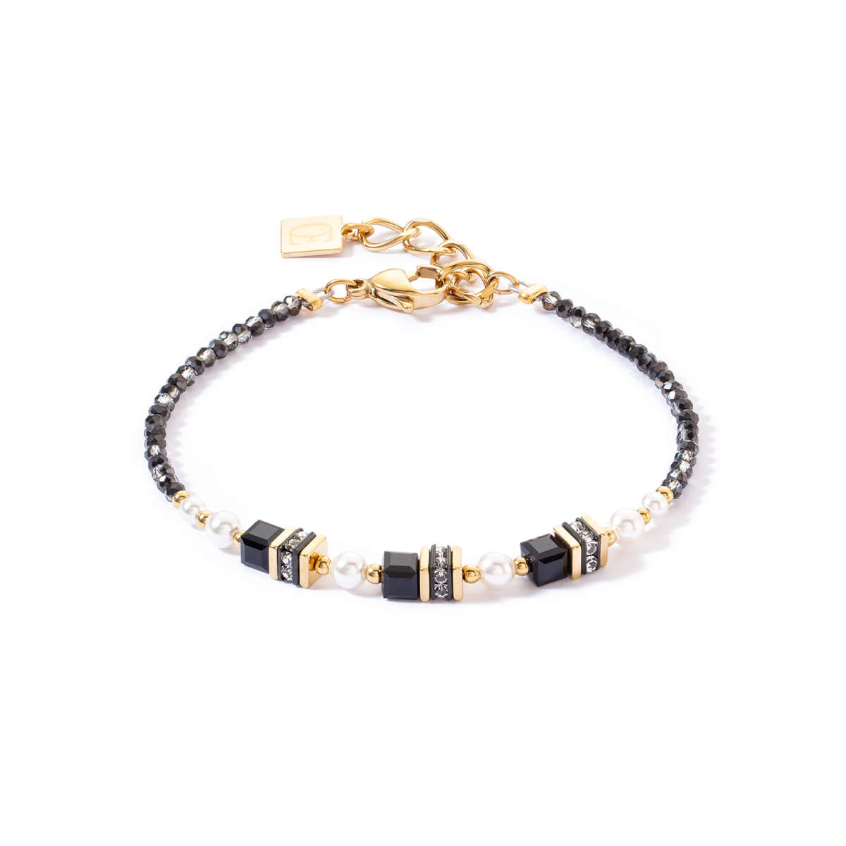 Coeur de Lion armband Sparkling Princess 4567/30-1300 goudkleurig met zwart en parels - Lengte 18 - 21 cm