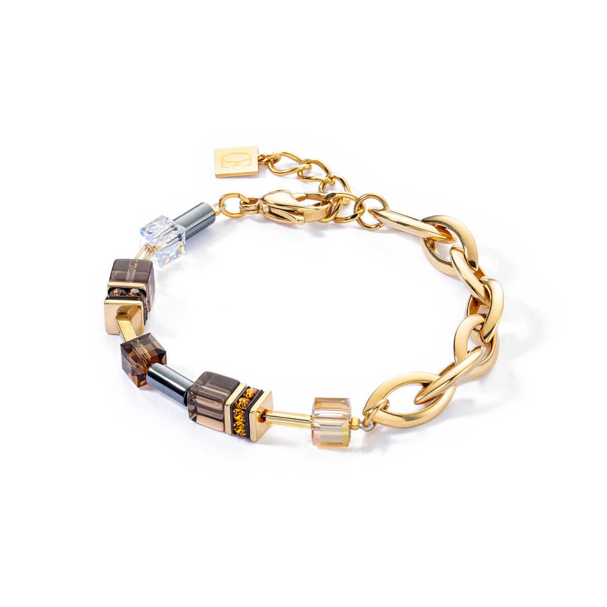 Coeur de Lion GeoCUBE armband Chunky Chain 4524/30-1116 goudkleurig met bruin - Lengte 18 - 21 cm