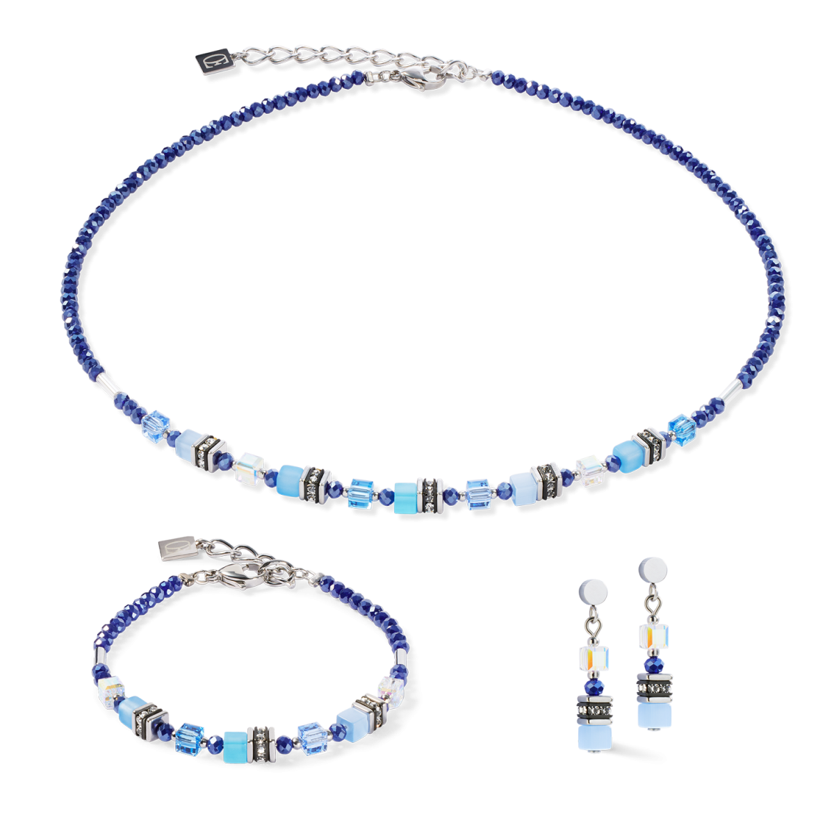 Coeur de Lion Mini Cubes ketting 4565/10-0700 met vierkante en ronde blauwe stenen - Lengte 42-48 cm