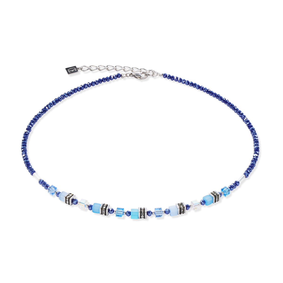 Coeur de Lion Mini Cubes ketting 4565/10-0700 met vierkante en ronde blauwe stenen - Lengte 42-48 cm