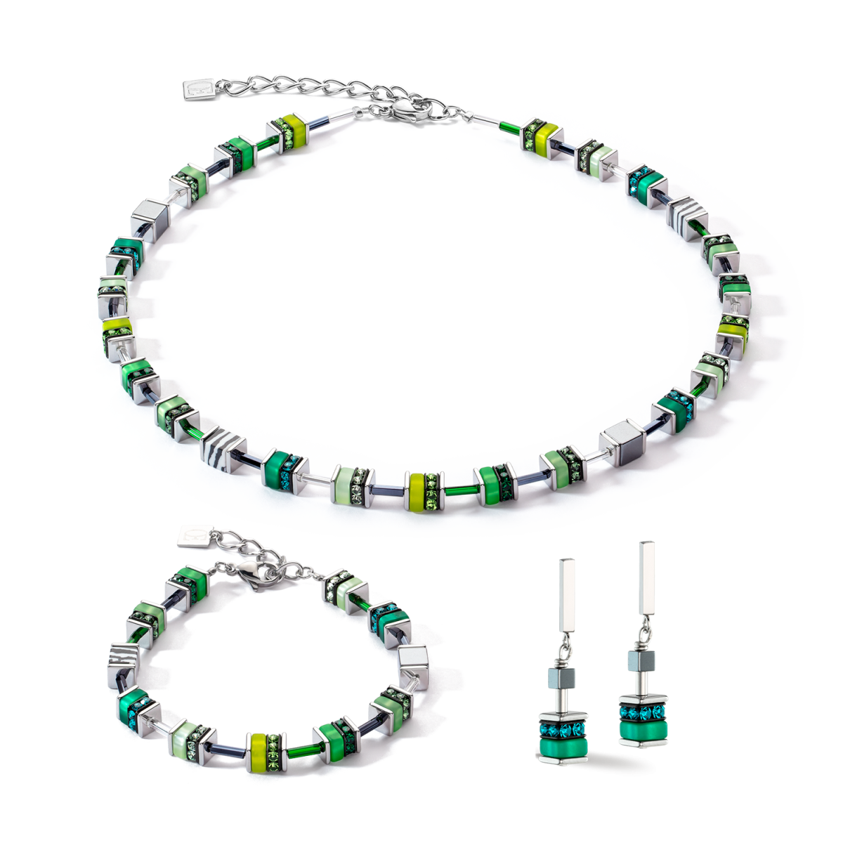 Coeur de Lion oorhangers Classic Update 4509/21-0500 zilverkleurig met groen en blauw