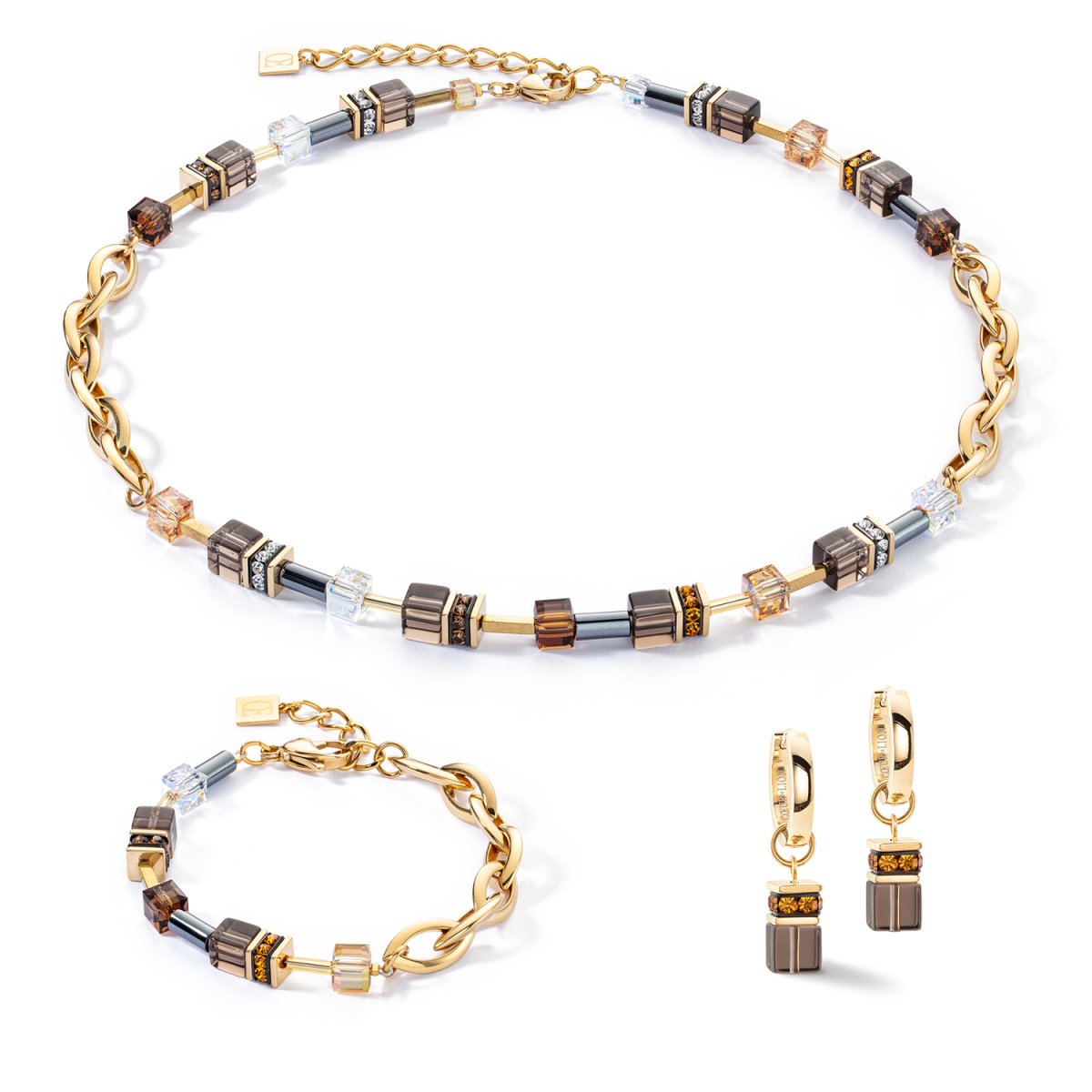 Coeur de Lion oorringen met hanger Chunky Chain 4524/21-1116 goudkleurig met bruin