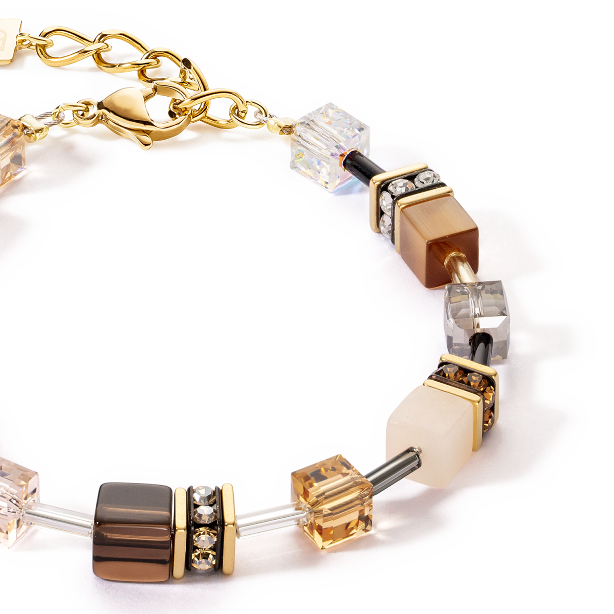 Bruine en gele Coeur de Lion Geocube Iconic Precious armband 4905/30-1100 goudkleurig verguld met agaat, rookkwarts en aventurijn