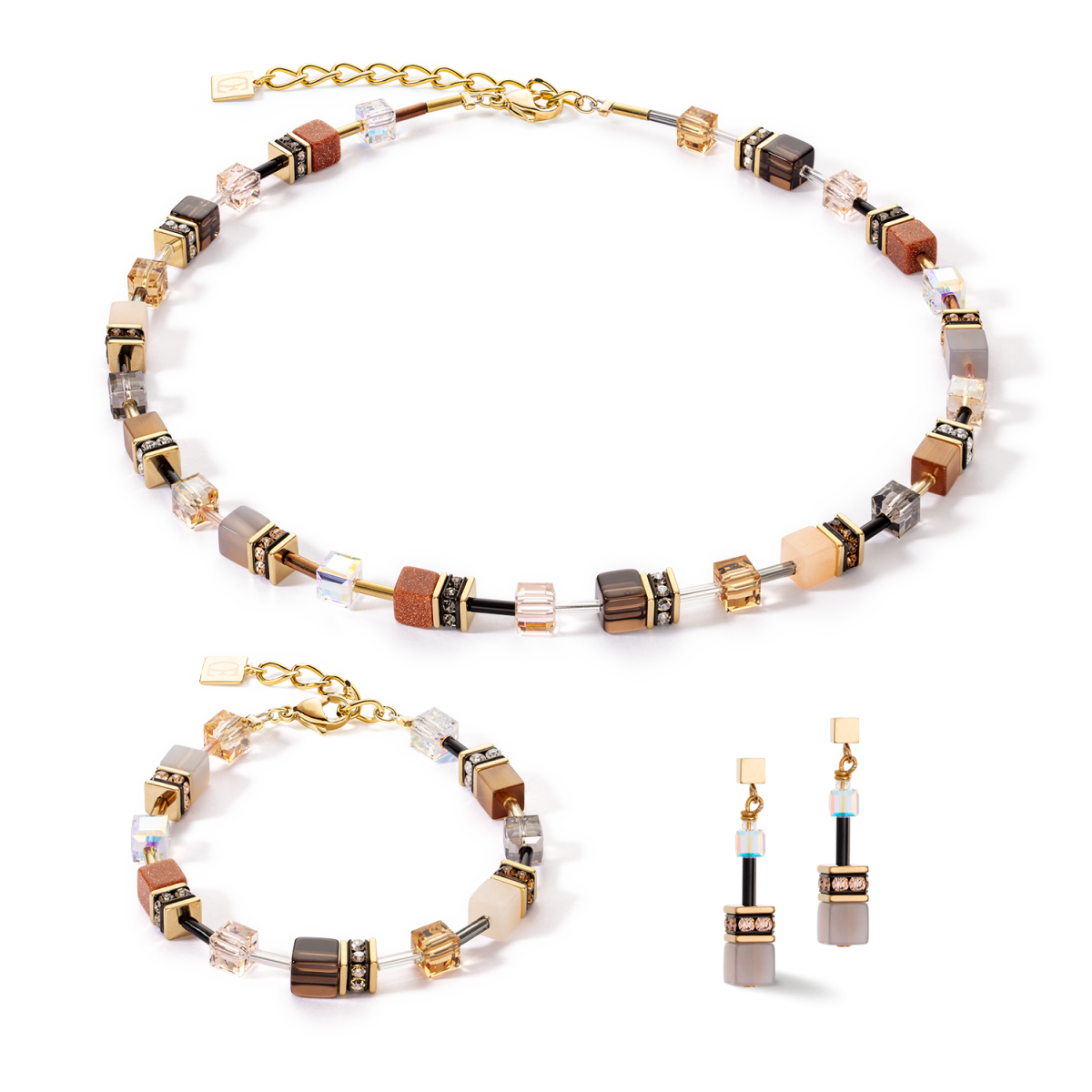 Bruine en gele Coeur de Lion Geocube Iconic Precious armband 4905/30-1100 goudkleurig verguld met agaat, rookkwarts en aventurijn