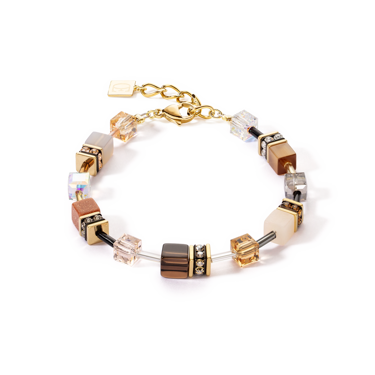 Bruine en gele Coeur de Lion Geocube Iconic Precious armband 4905/30-1100 goudkleurig verguld met agaat, rookkwarts en aventurijn