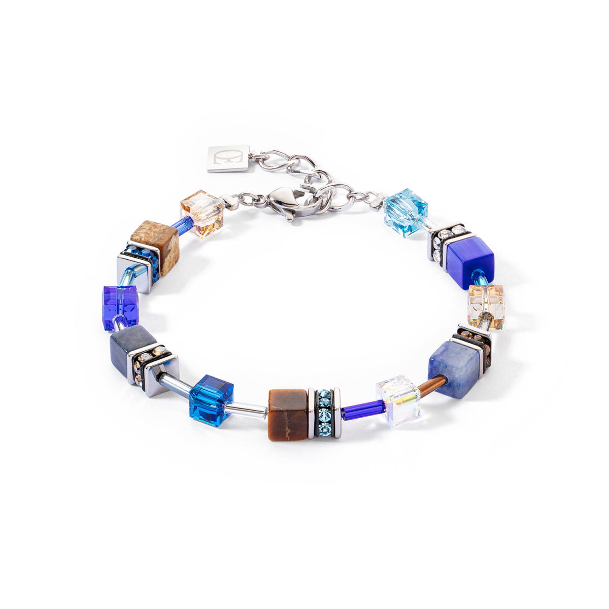 Coeur de Lion GeoCUBE armband Iconic Precious 4905/30-0711 zilverkleurig met blauw en bruin - Lengte 18.5 - 21.5 cm