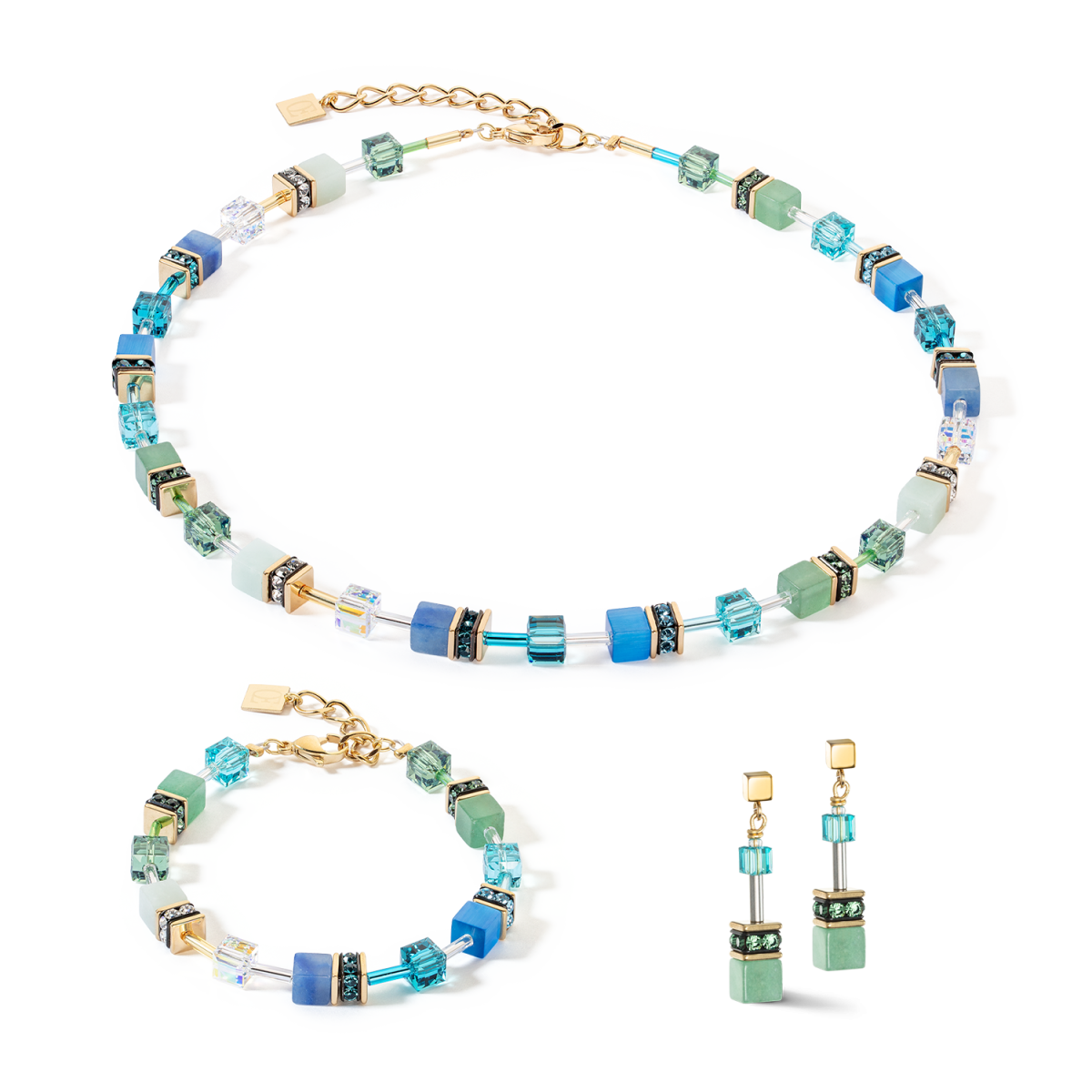 Coeur de Lion GeoCUBE ketting Iconic Precious 4905/10-0506 goudkleurig met groen en turquoise