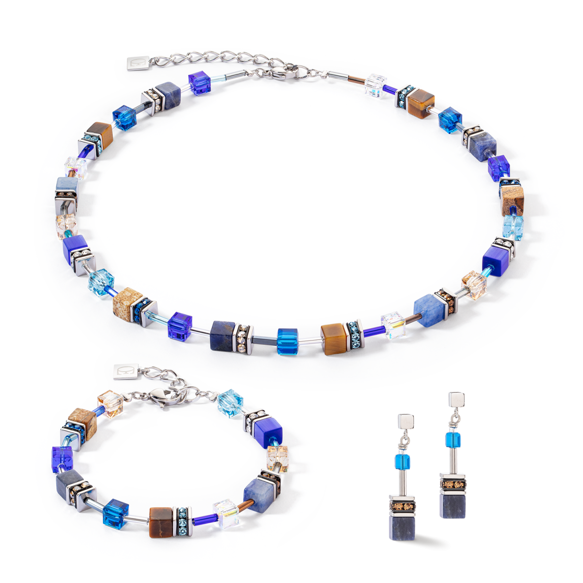 Coeur de Lion GeoCUBE oorhangers Iconic Precious 4905/21-0711 zilverkleurig met blauw en bruin