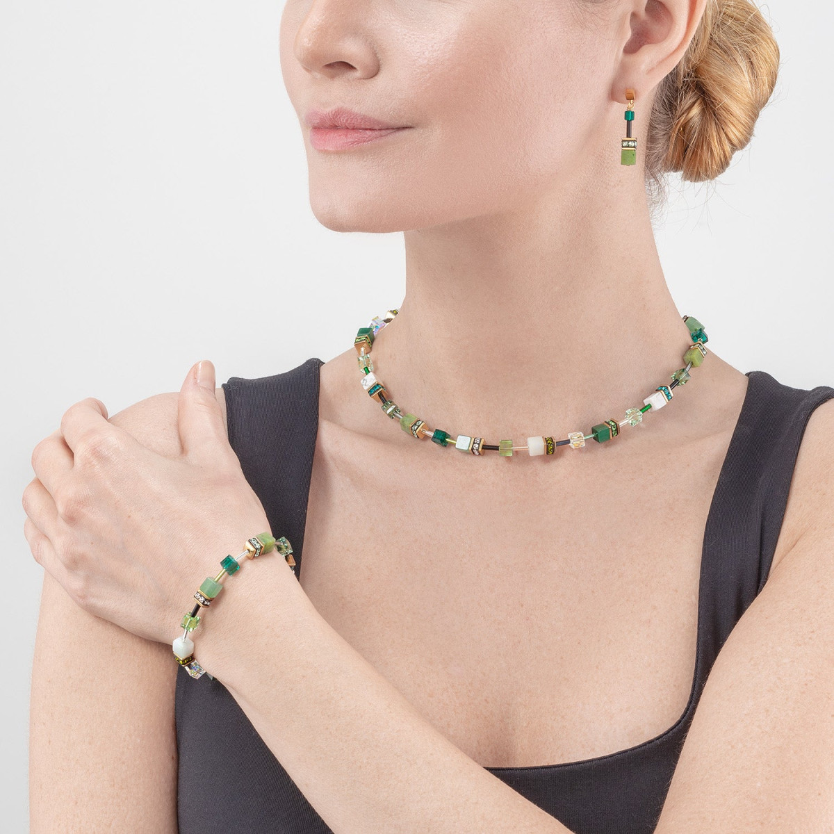 Groene Coeur de Lion Geocube Iconic Precious ketting 4905/10-0500 goudkleurig verguld met aventurijn, amazoniet en hematiet