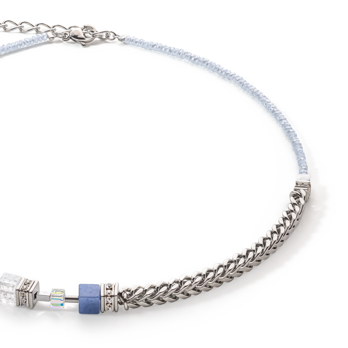 Blauwe en zilverkleurige Coeur de Lion Geocube Precious Fusion schakelketting 5085/10-0720 met aventurijn en howliet