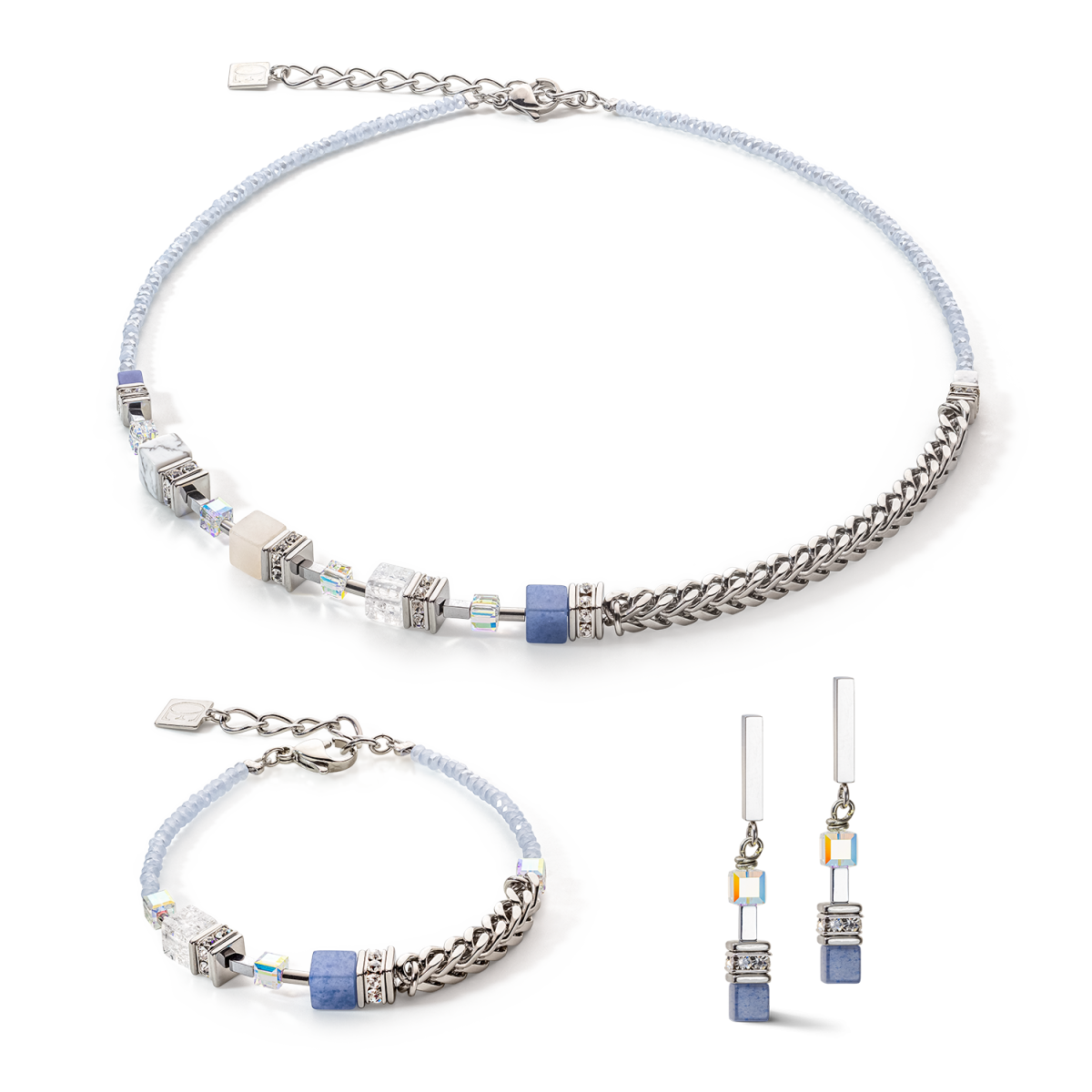 Blauwe en zilverkleurige Coeur de Lion Geocube Precious Fusion schakelketting 5085/10-0720 met aventurijn en howliet