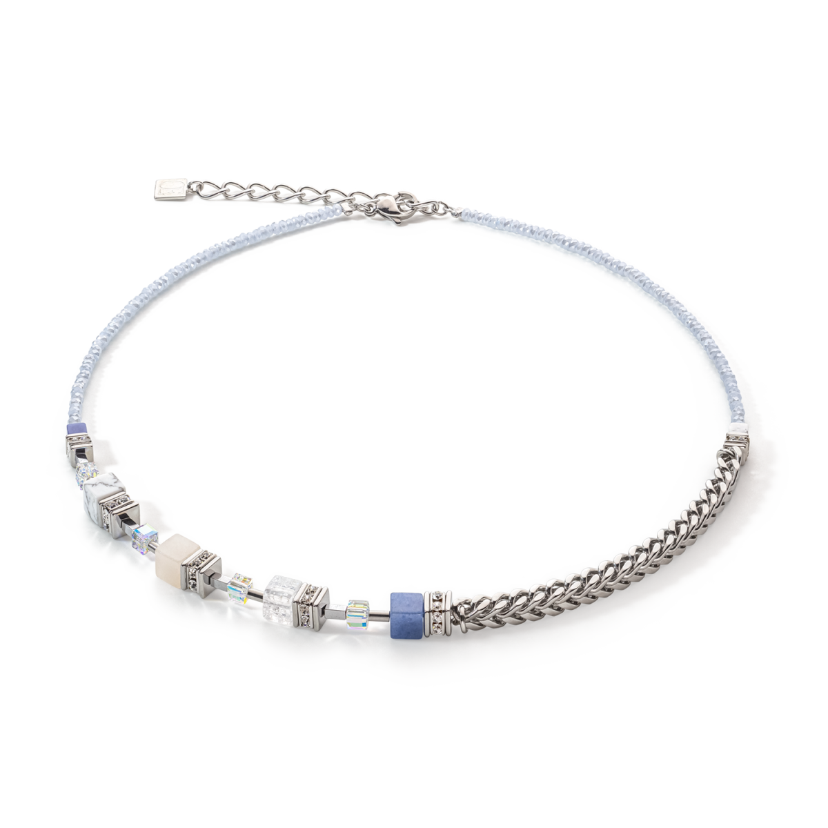Blauwe en zilverkleurige Coeur de Lion Geocube Precious Fusion schakelketting 5085/10-0720 met aventurijn en howliet
