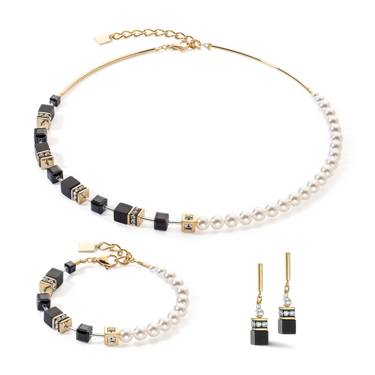 Coeur de Lion GeoCUBE armband 5086/30-1316 Precious Fusion Pearls goudkleurig met onyx