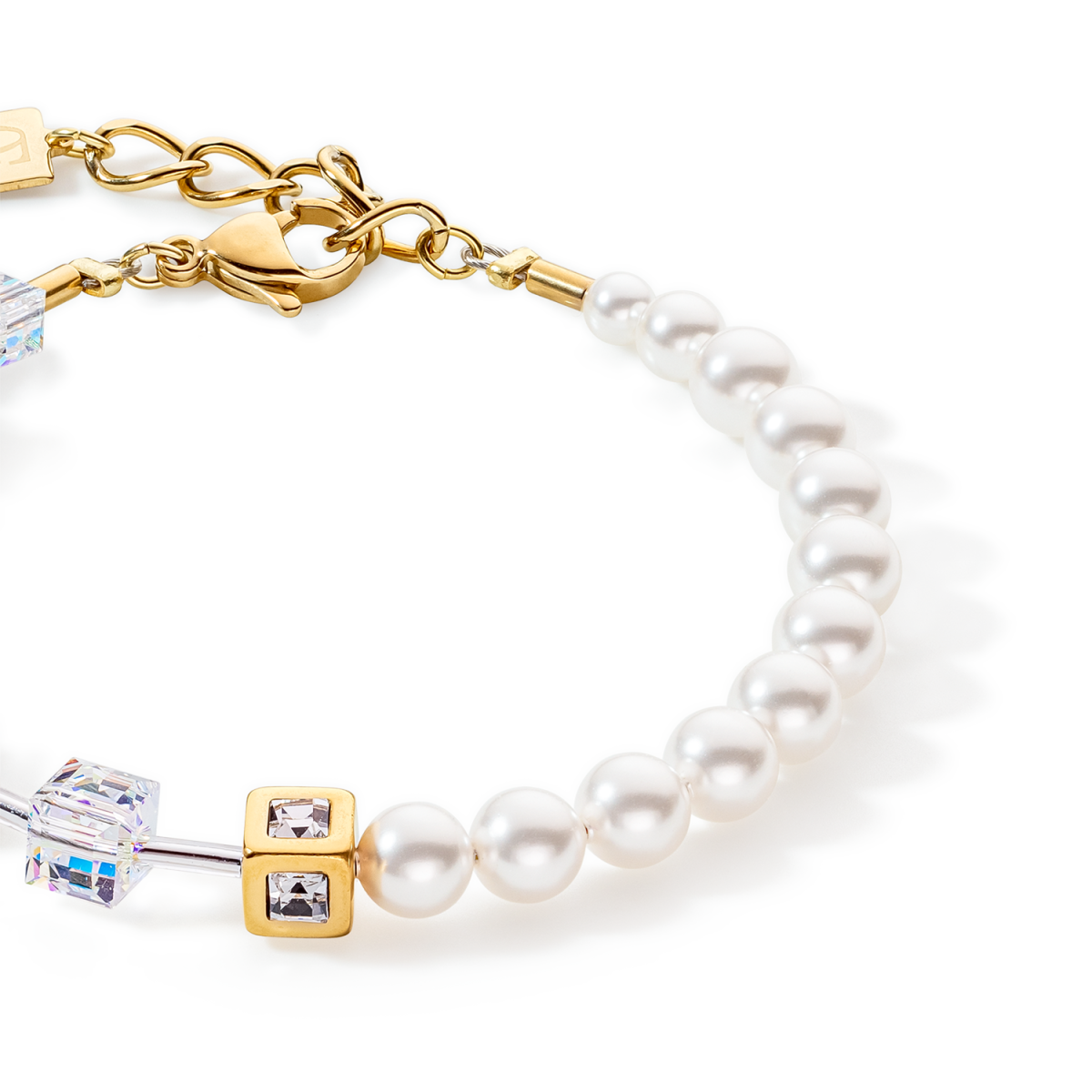 Coeur de Lion Geocube Precious Fusion Pearls armband 5086/30-1522 goudkleurig verguld met rozekwarts en witte parels