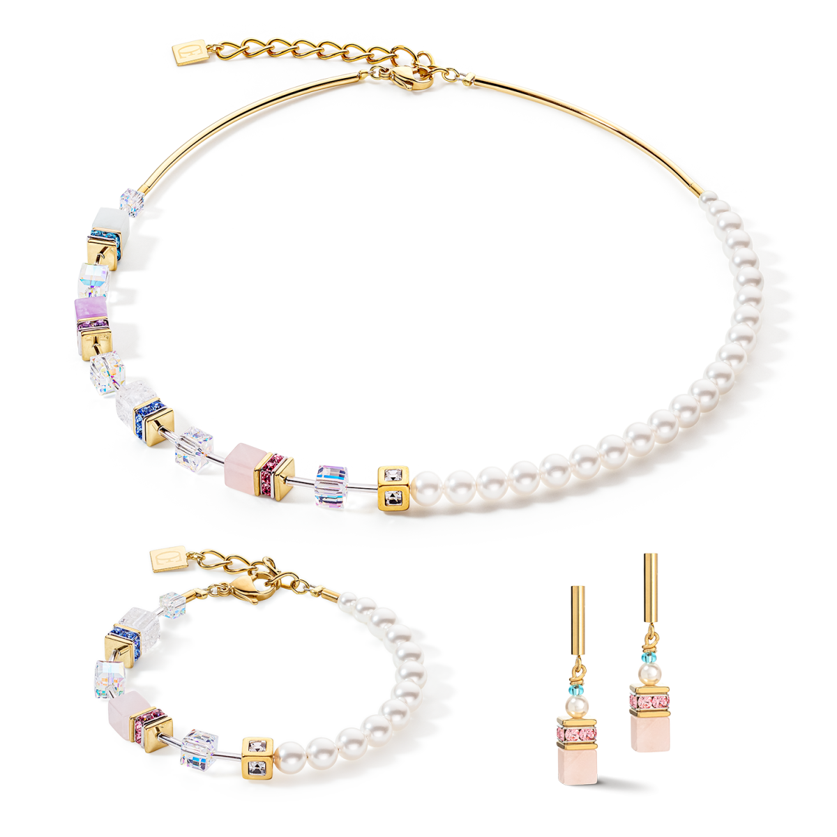 Coeur de Lion Geocube Precious Fusion Pearls armband 5086/30-1522 goudkleurig verguld met rozekwarts en witte parels