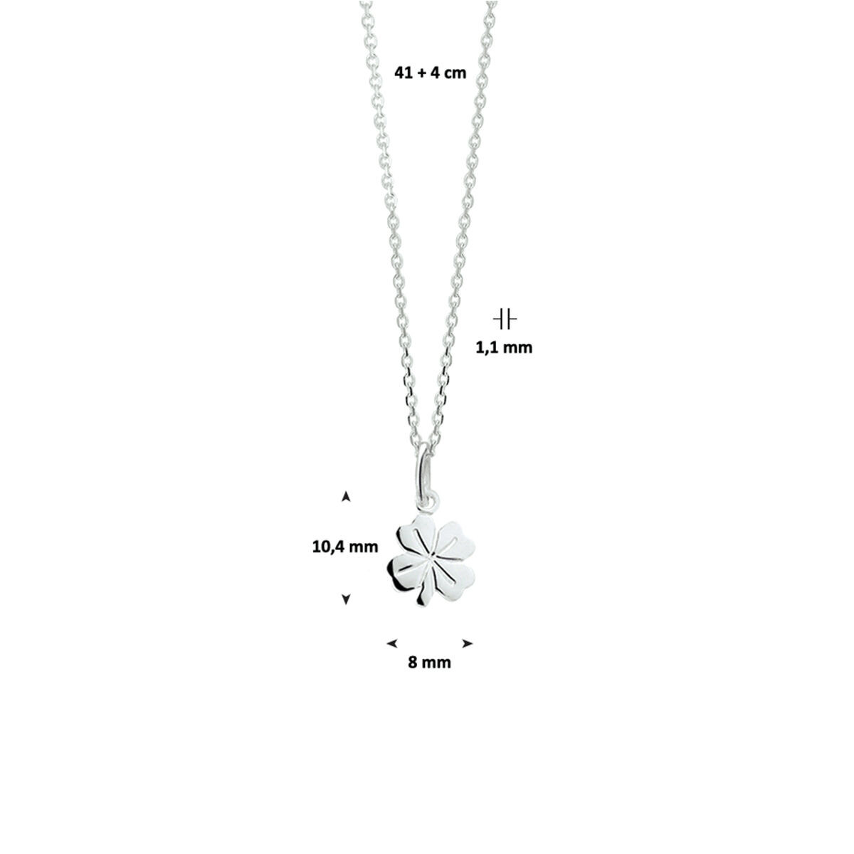 Zilveren ketting met klavertje vier 8 x 10.5 mm - Lengte 41-45 cm