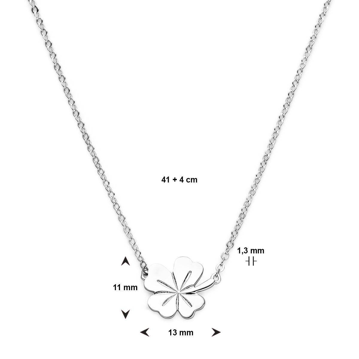 Zilveren ketting met schuin klavertje - Lengte 41-45 cm