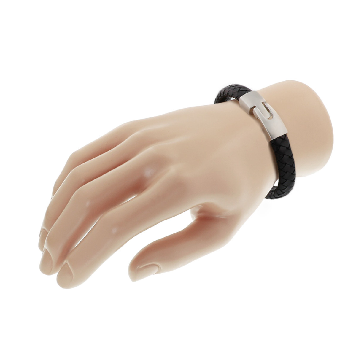 Heren armband van zwart leder en staal 21,5 cm