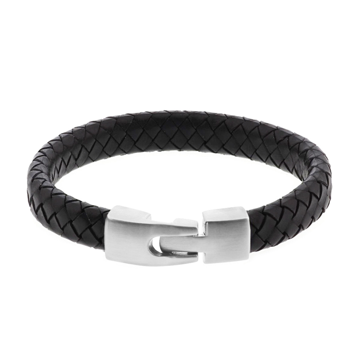 Heren armband van zwart leder en staal 21,5 cm