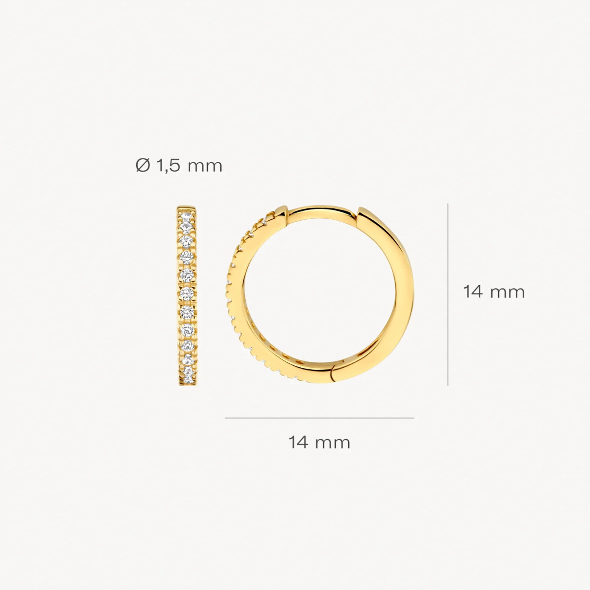 Blush 7309YZI 14-karaat gouden oorringen transparante zirkonia 1.5 mm breed - Diameter 14 mm