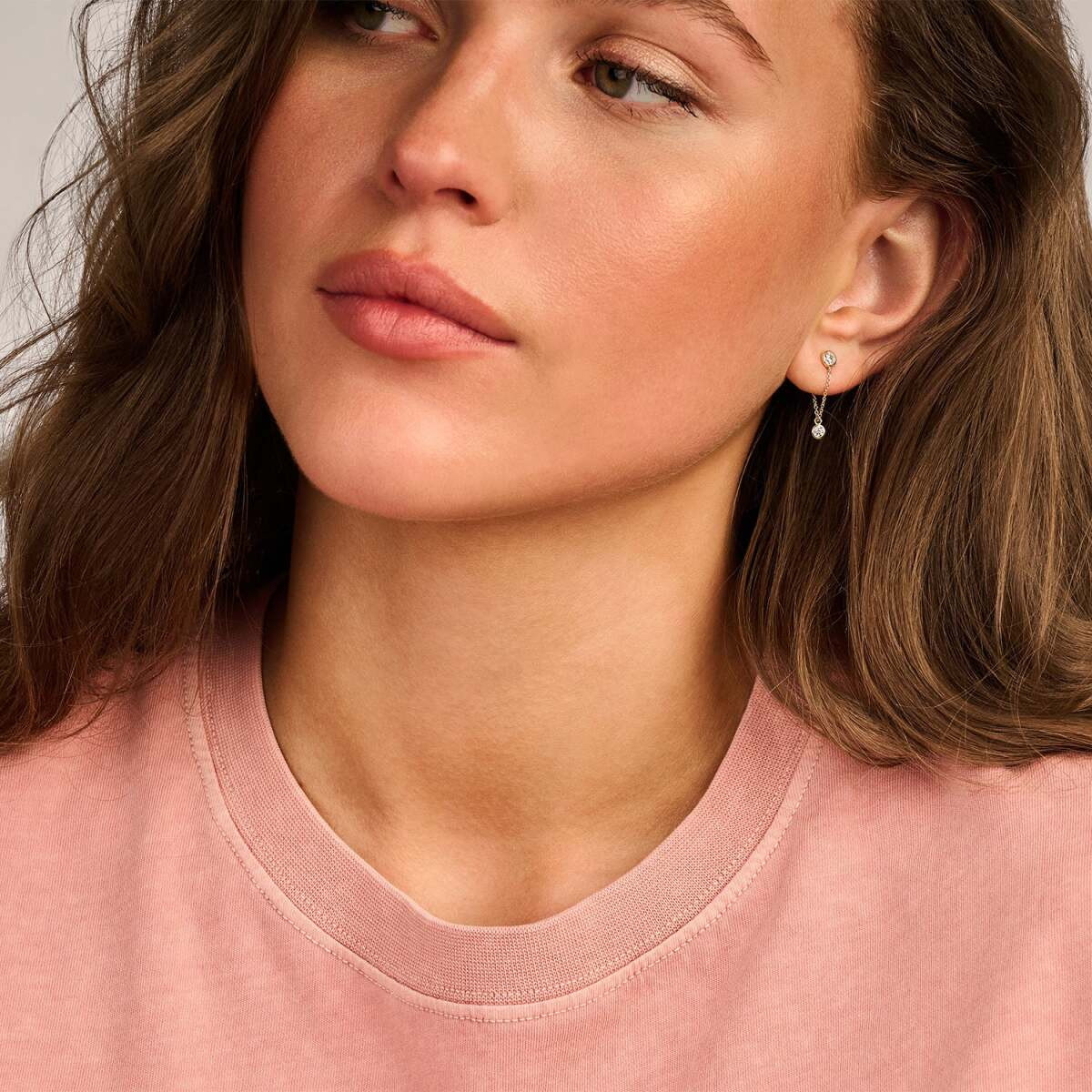 Blush 7347YZI 14-karaat gouden oorhangers met 2 ronde zirkonia's en schakelketting - Hoogte 20 mm