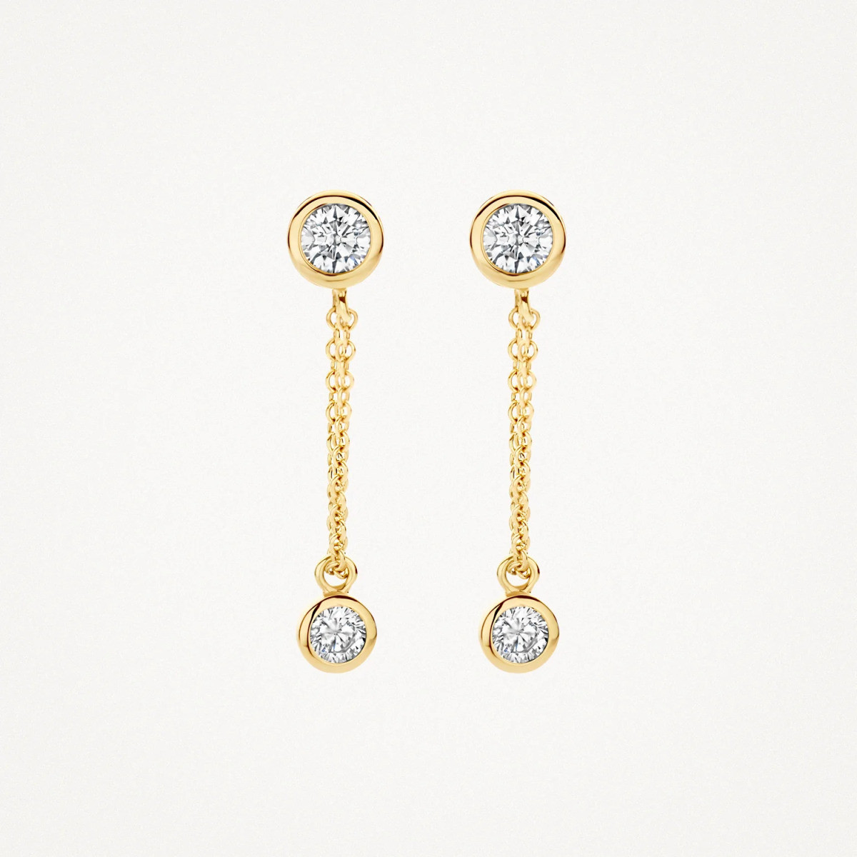 Blush 7347YZI 14-karaat gouden oorhangers met 2 ronde zirkonia's en schakelketting - Hoogte 20 mm