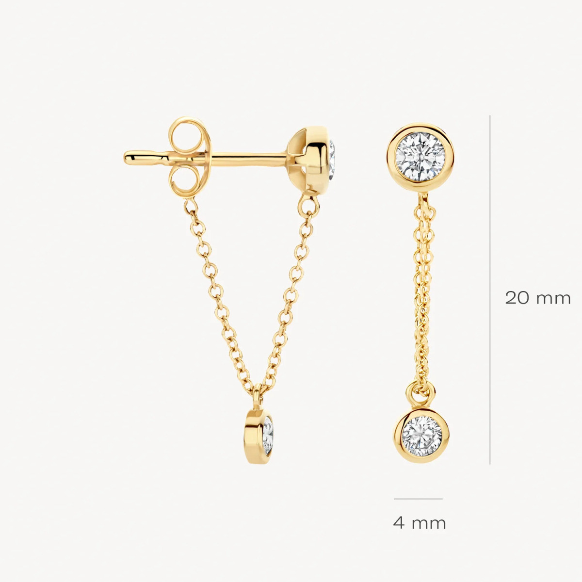 Blush 7347YZI 14-karaat gouden oorhangers met 2 ronde zirkonia's en schakelketting - Hoogte 20 mm