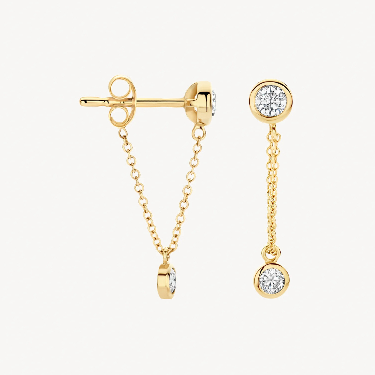 Blush 7347YZI 14-karaat gouden oorhangers met 2 ronde zirkonia's en schakelketting - Hoogte 20 mm