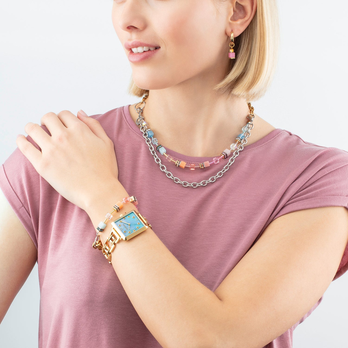 Coeur de Lion horloge Iconic Cube Ocean Vibes 7632/74-1606 goudkleurig met schakelband