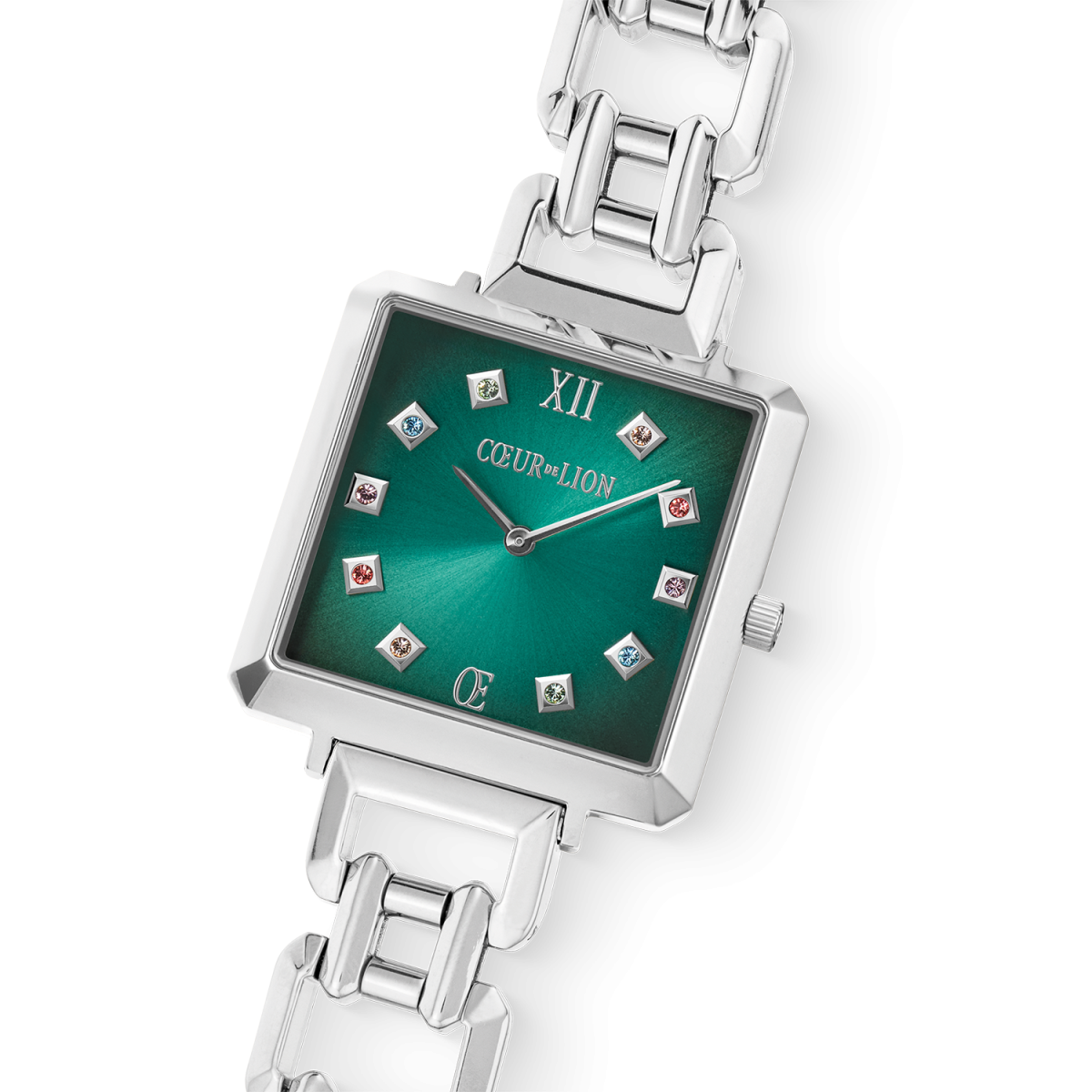 Coeur de Lion horloge Iconic Cube Statement 7630/74-1705 turquoise en zilverkleurige schakelband