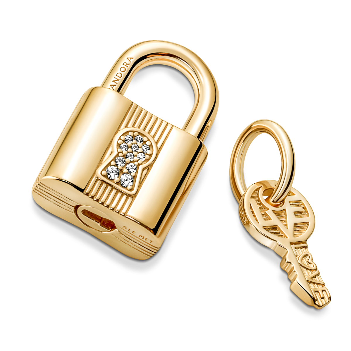 Pandora Moments 760088C01 hangende gold plated armband bedel met sleutel, slotje en zirkonia