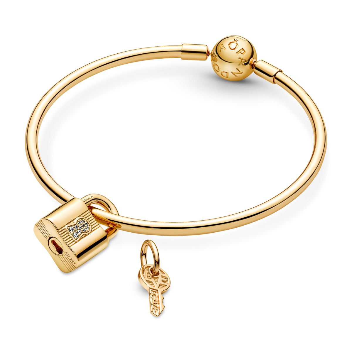 Pandora Moments 760088C01 hangende gold plated armband bedel met sleutel, slotje en zirkonia