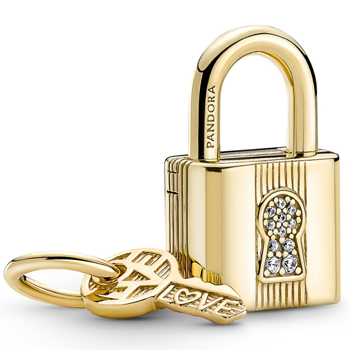 Pandora Moments 760088C01 hangende gold plated armband bedel met sleutel, slotje en zirkonia
