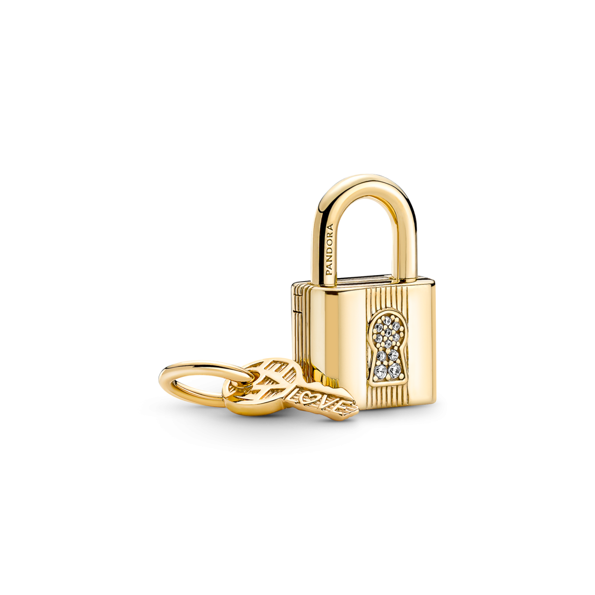 Pandora Moments 760088C01 hangende gold plated armband bedel met sleutel, slotje en zirkonia