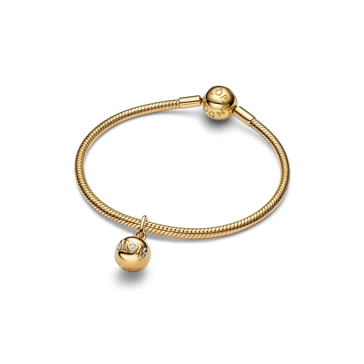 Pandora Moments 764457C01 gold plated hangende bedel met zirkonia en tekst MOM LOVE YOU