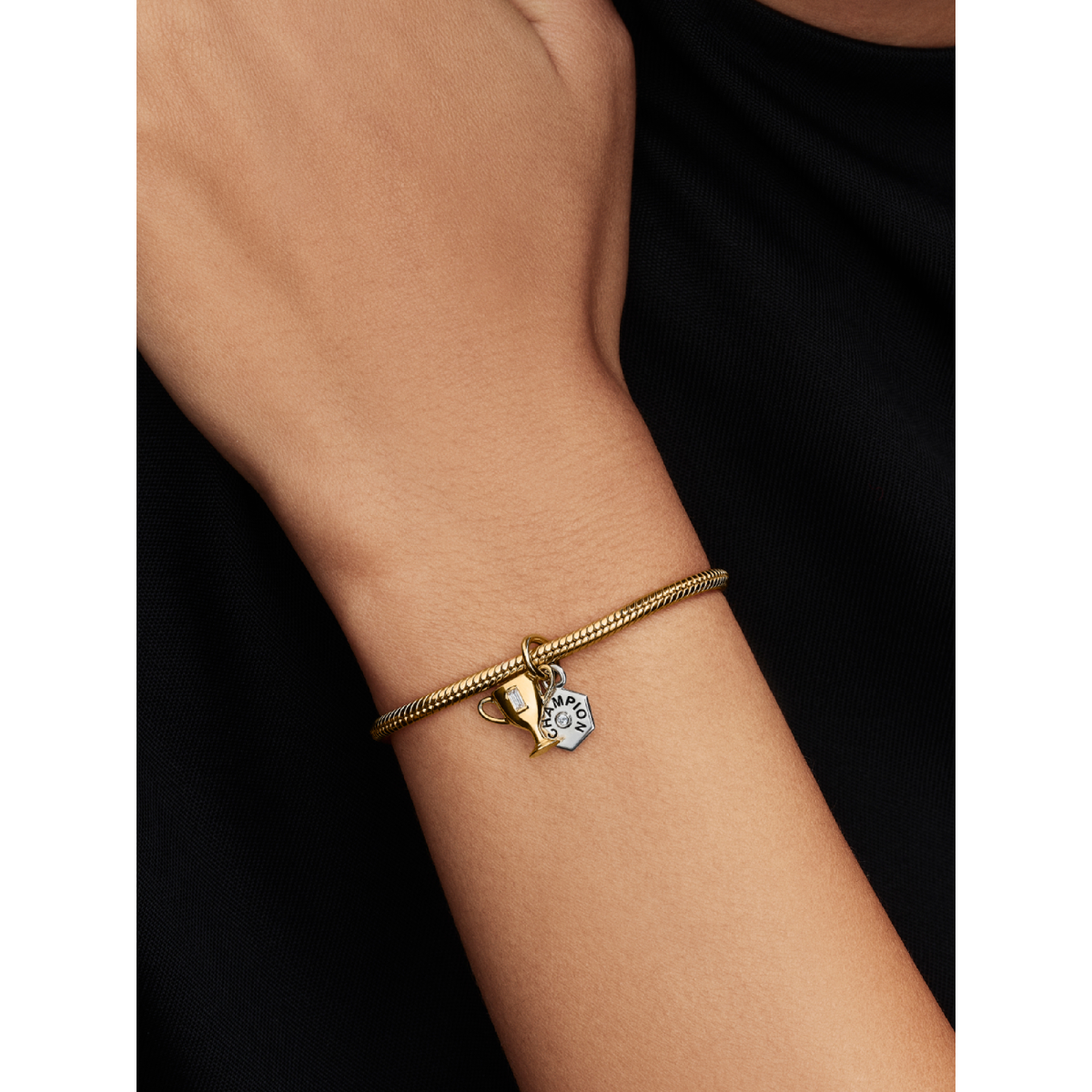 Pandora Moments 764715C01 bicolor hangende bedel met trofee en champion zeshoek - Personaliseerbaar