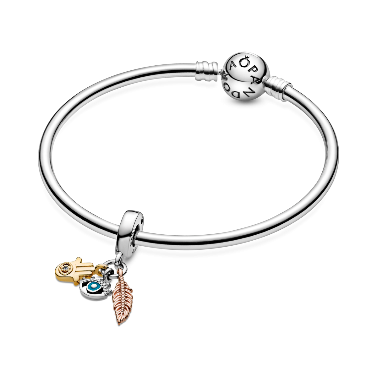 Pandora Moments 768785C01 hangende armband bedel met hamsa, alziend oog, veer, emaille en zirkonia
