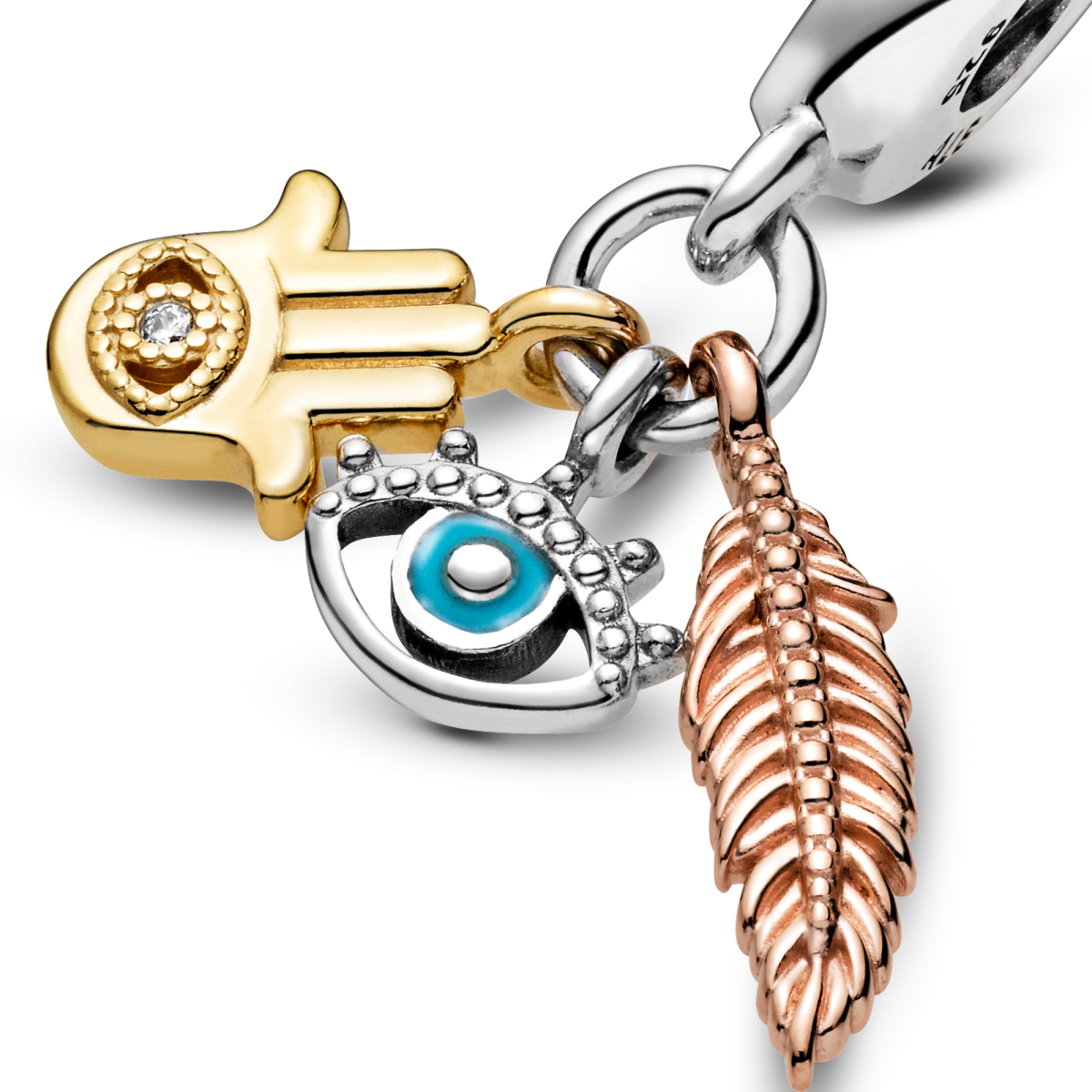 Pandora Moments 768785C01 hangende armband bedel met hamsa, alziend oog, veer, emaille en zirkonia