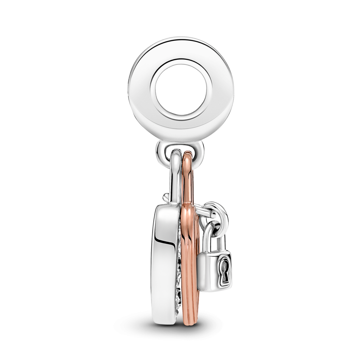 Pandora Moments 780087C01 hangende tweekleurige bedel met hartje, slotje en transparante zirkonia