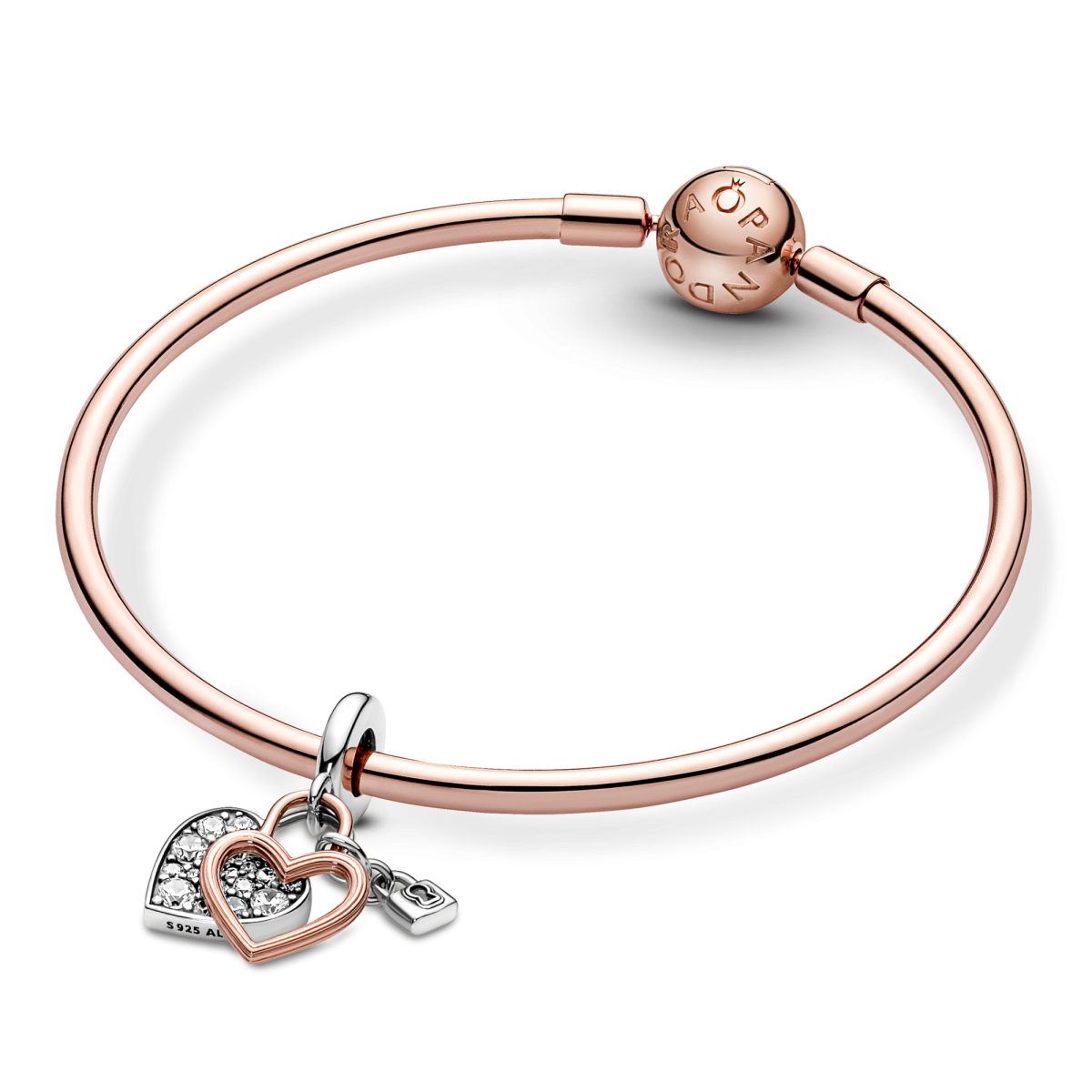 Pandora Moments 780087C01 hangende tweekleurige bedel met hartje, slotje en transparante zirkonia