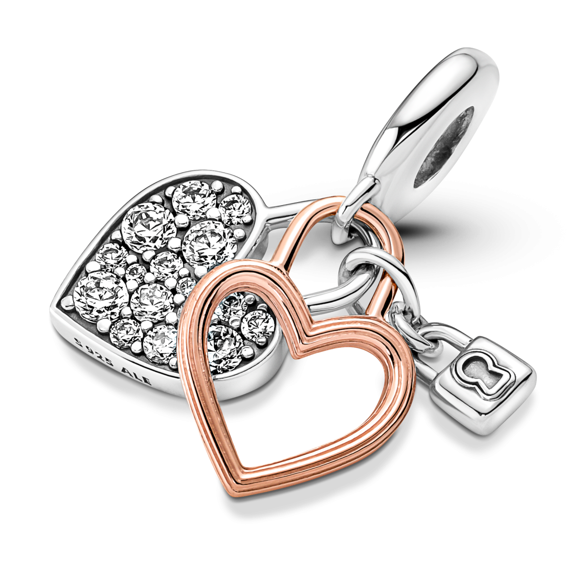 Pandora Moments 780087C01 hangende tweekleurige bedel met hartje, slotje en transparante zirkonia