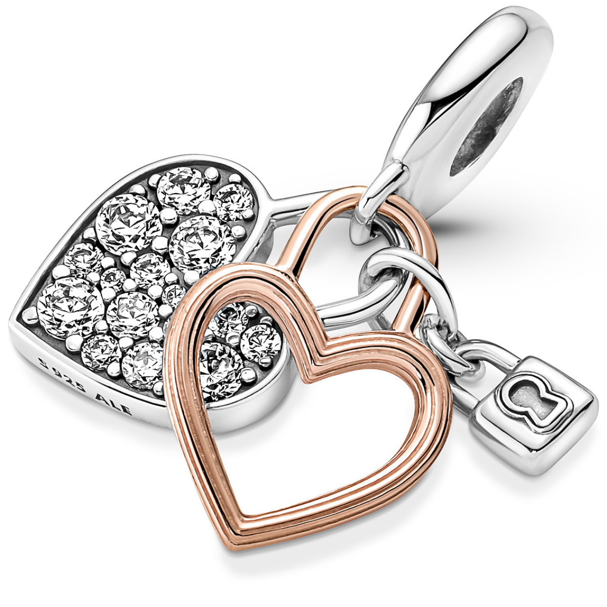 Pandora Moments 780087C01 hangende tweekleurige bedel met hartje, slotje en transparante zirkonia