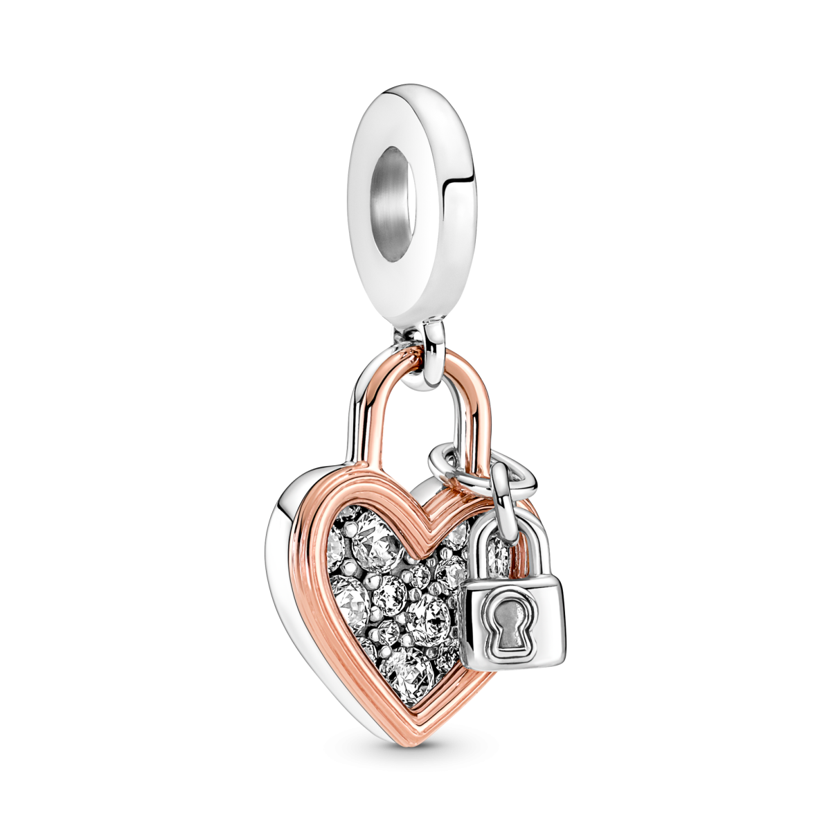 Pandora Moments 780087C01 hangende tweekleurige bedel met hartje, slotje en transparante zirkonia