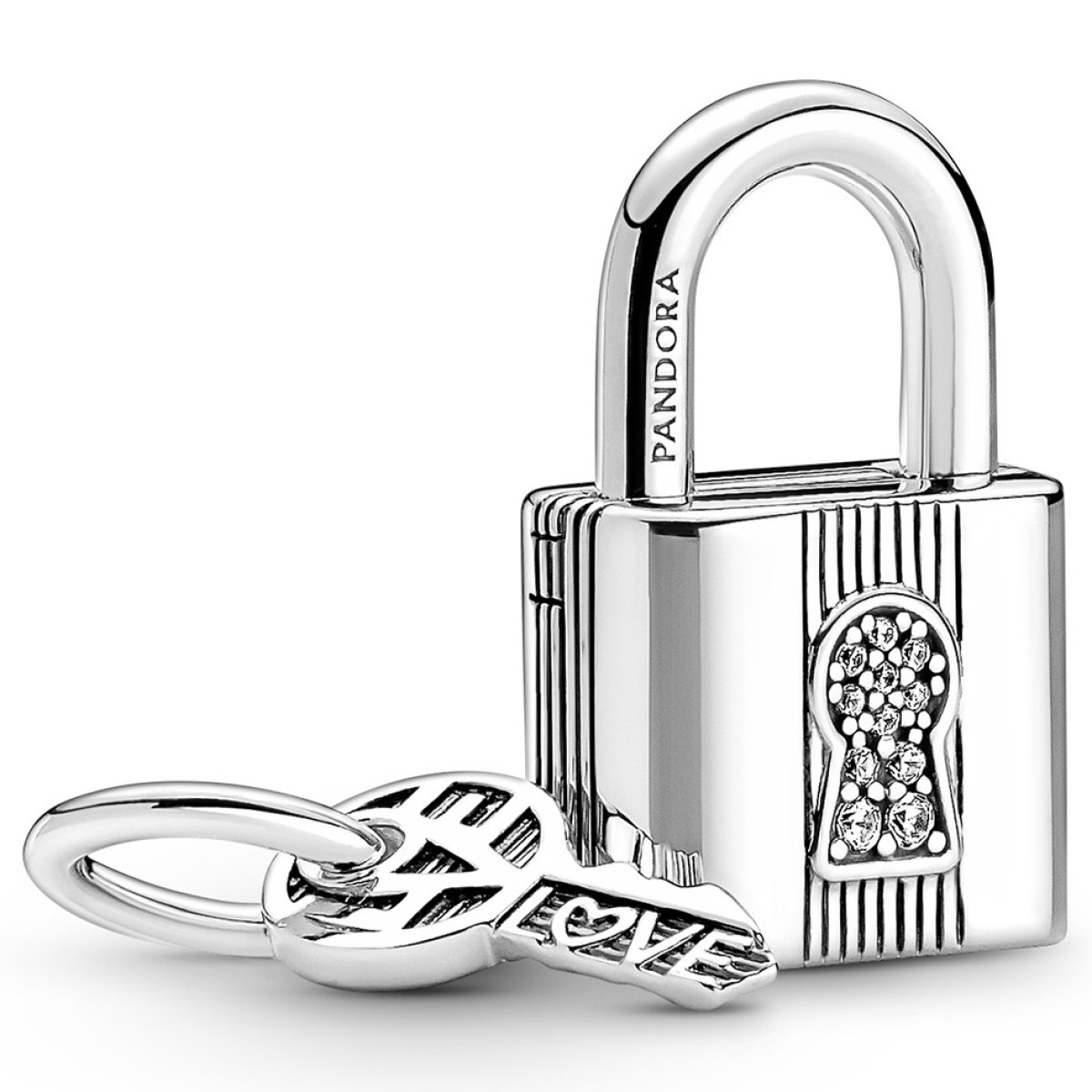 Pandora Moments 790088C01 hangend zilveren bedeltje met sleutel, slotje en transparante zirkonia