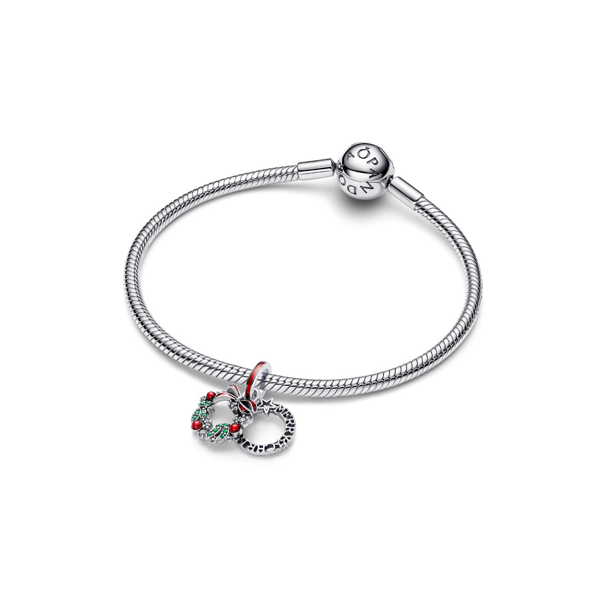 Pandora Moments 794238C01 hangende bedel met groen rode kerstkrans van zilver