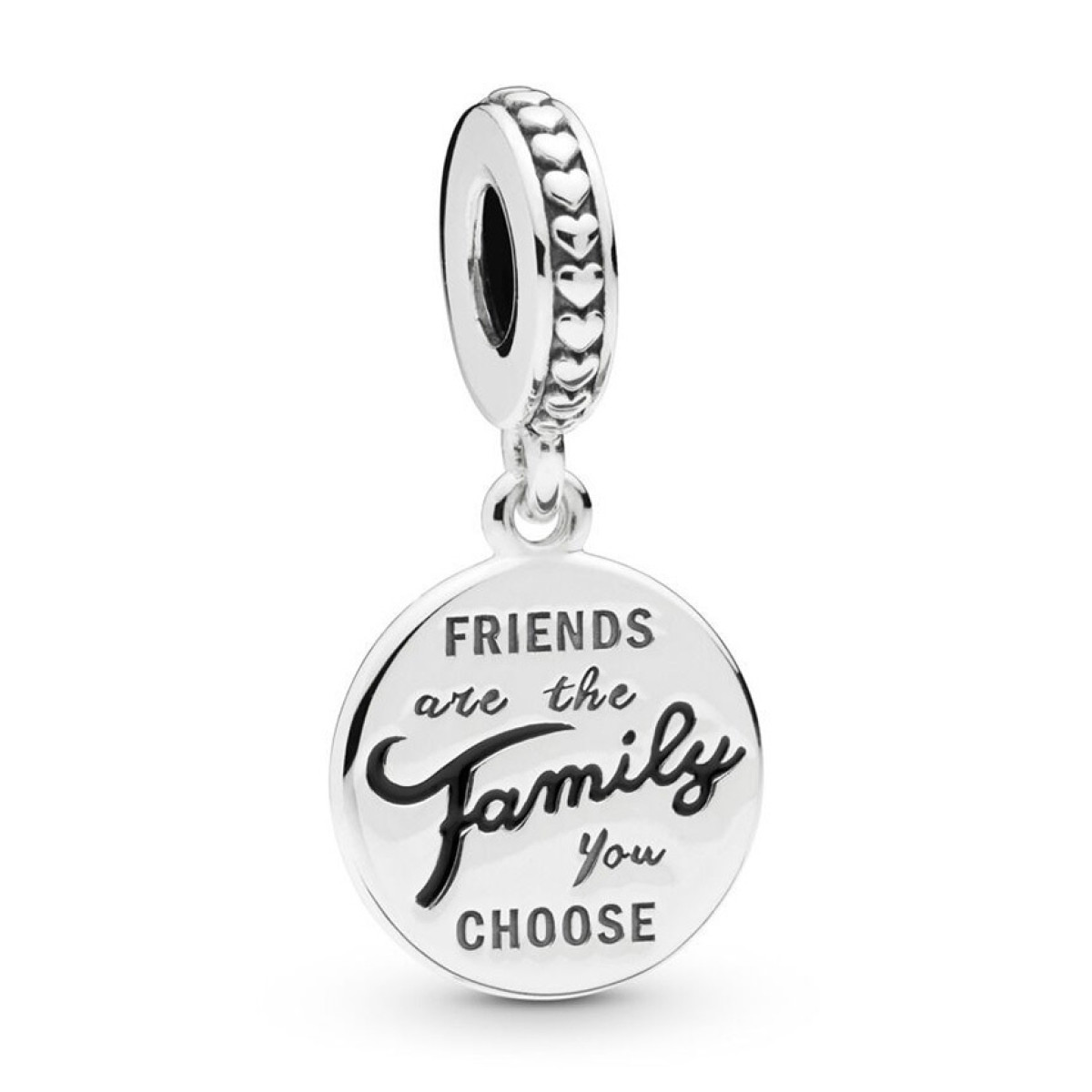 Pandora Moments 798124EN16 hangende charm met tekst Friends are Family you choose en zwarte emaille